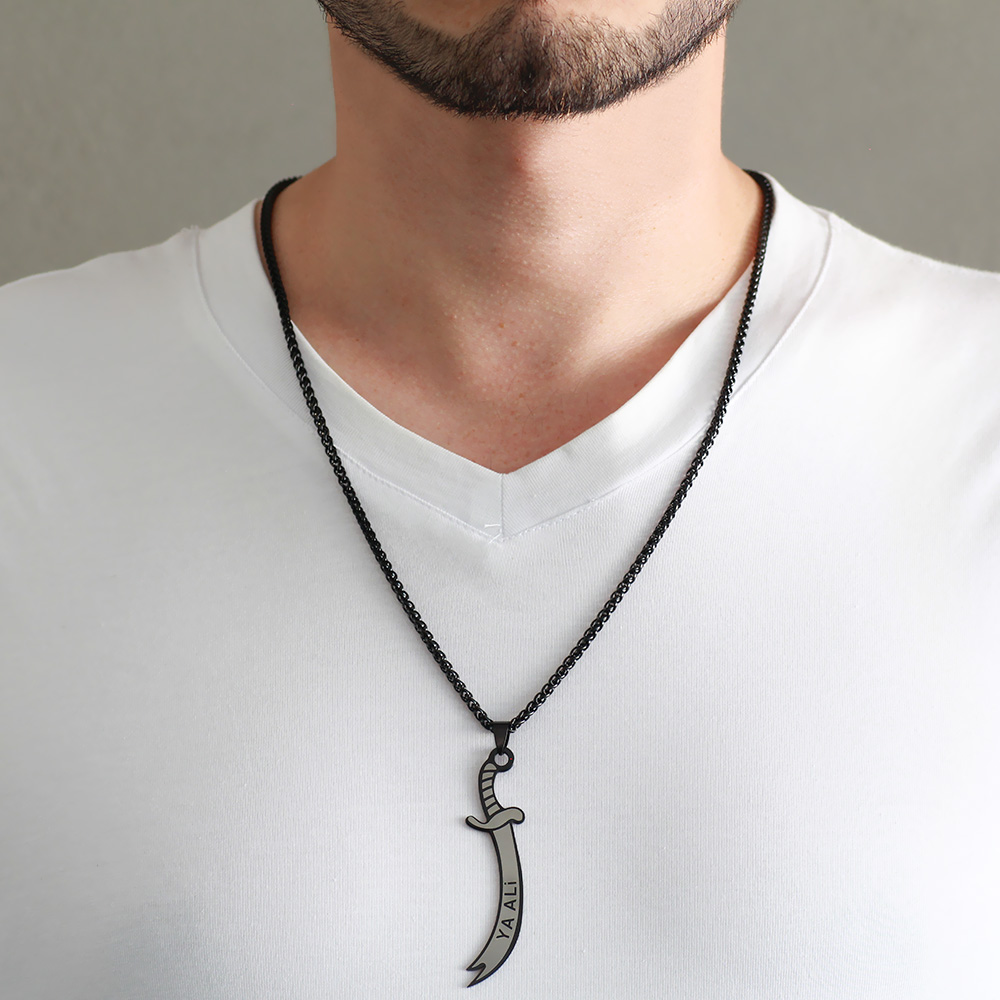 Zülfikar Tasarım Üzeri Ya Alii Yazılı Siyah Renk Çelik Erkek Kolye - 2