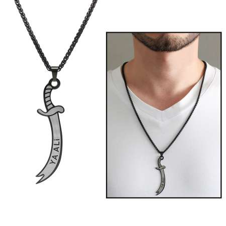 Zülfikar Tasarım Üzeri Ya Alii Yazılı Siyah Renk Çelik Erkek Kolye - Tesbihane