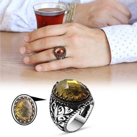 Zultanit Taş İçine Özel Tuğra İşlemeli 925 Ayar Gümüş Erkek Yüzük - Tesbihane