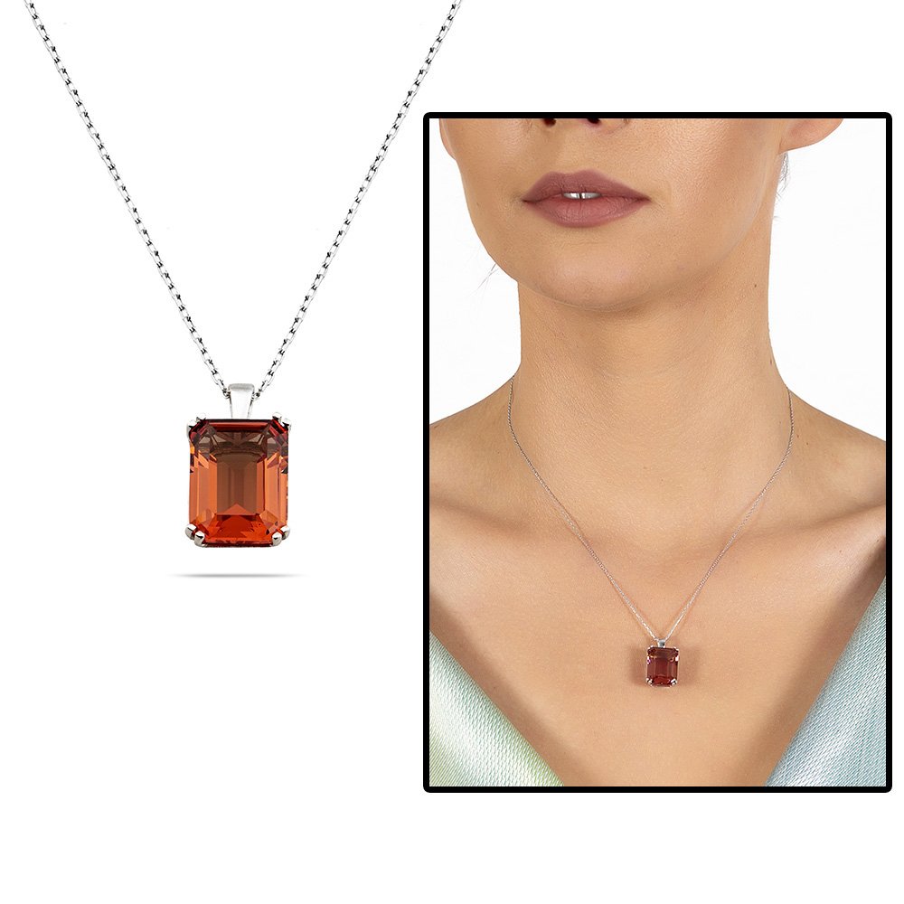 Zultanit Taşlı Dikdörtgen Tasarım Büyük Boy 925 Ayar Gümüş Kadın Kolye - 2