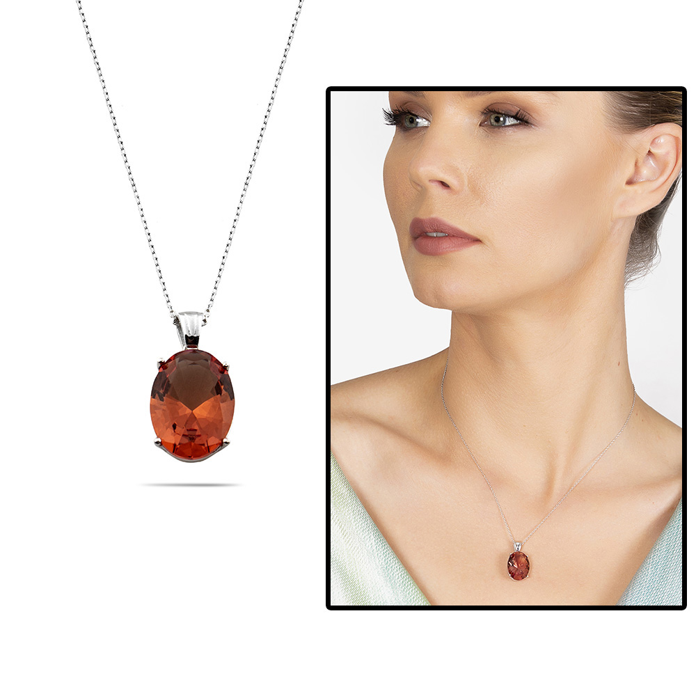 Zultanit Taşlı Oval Tasarım Büyük Boy 925 Ayar Gümüş Kadın Kolye - 2