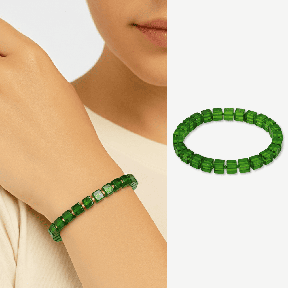 Zümrüt Yeşili Küp Kesim Doğal Damla Kehribar Kadın Bileklik - 1
